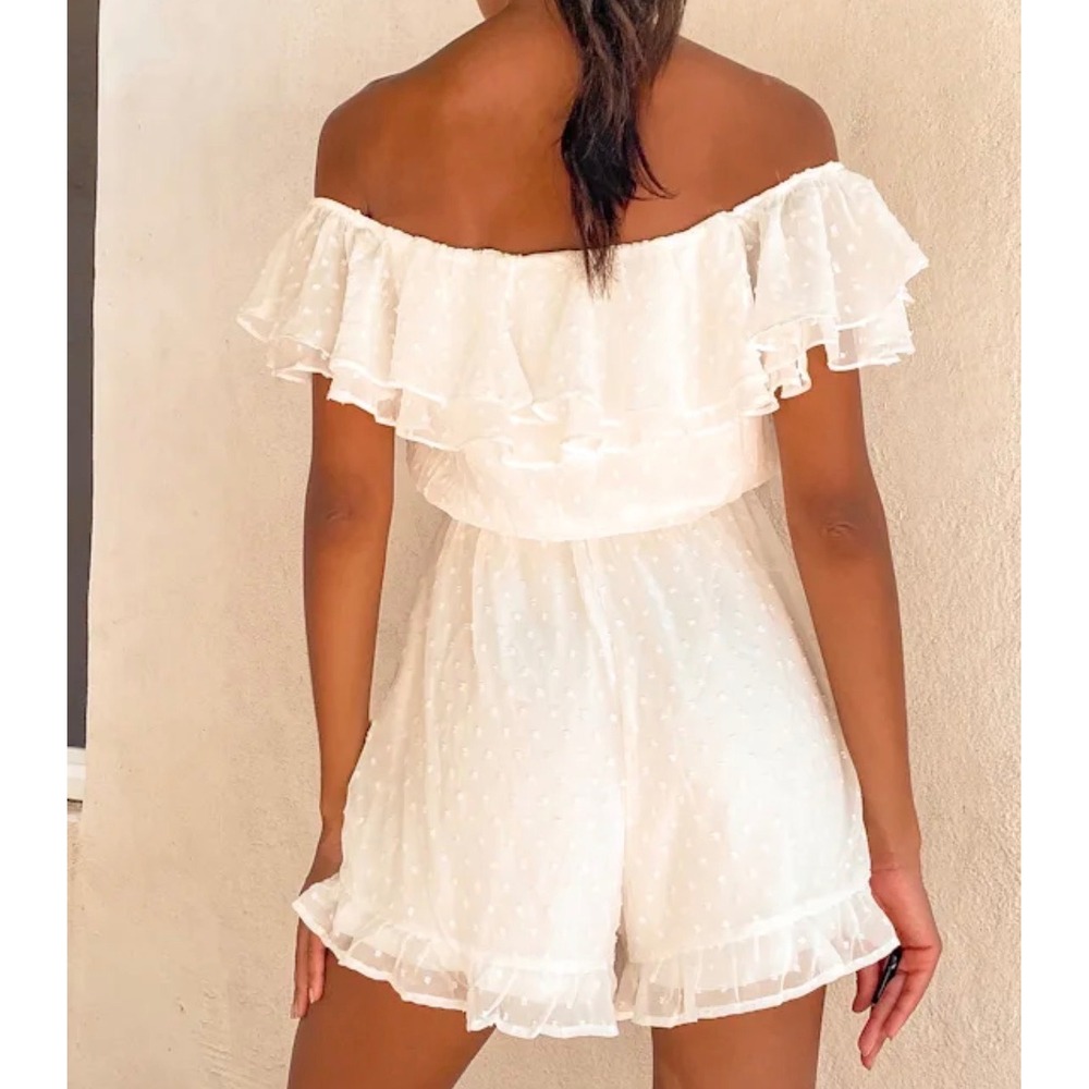 Lulus Frilled to Bits White Swiss Dot Off-the-Shoulder Romper Medium NWT - Picture 4 of 11